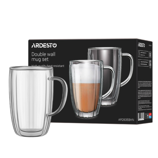 Ardesto Double wall mug set with handles 350ml, 2pcs, borosilicate glass, transparent