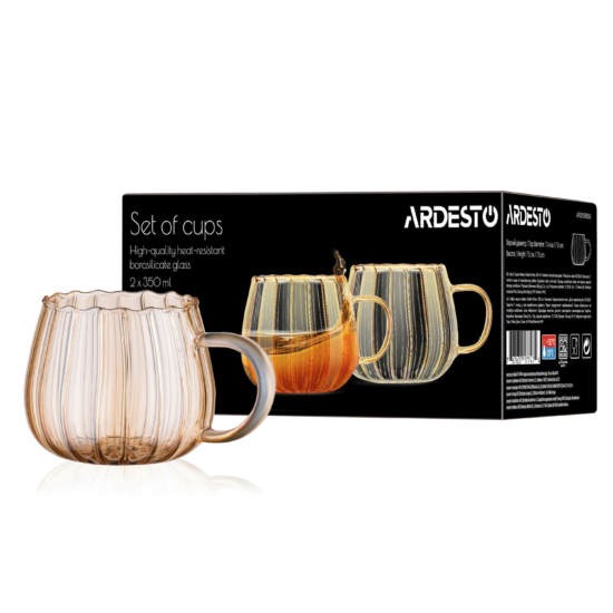 Ardesto Mug set with handles Golden Moon 350ml, 2pcs, borosilicate glass, transparent