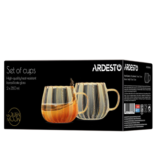 Ardesto Mug set with handles Golden Moon 350ml, 2pcs, borosilicate glass, transparent