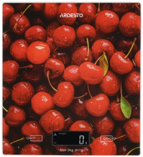 Ardesto scales for kitchen CHERRY, 5кг, AAAx2 included, glass, colorful