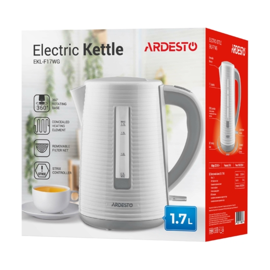 Ardesto electric kettle White stripes, 1.7L, plastic, Strix, white-grey