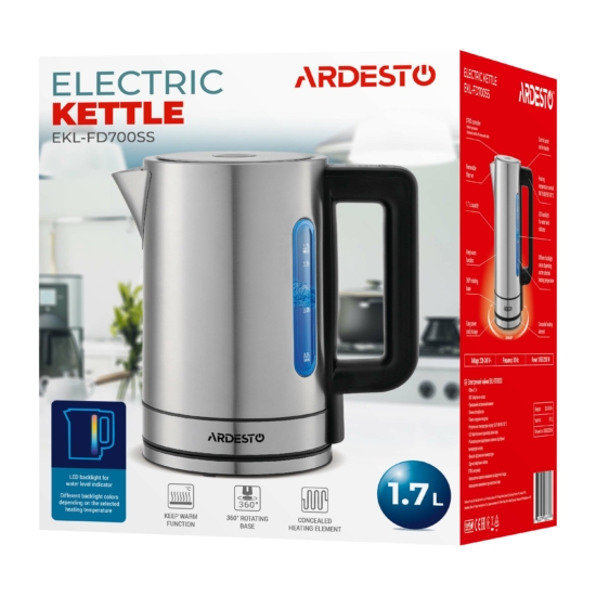 Ardesto electric kettle Steel Collection, 1.7L, metal, Strix, silver
