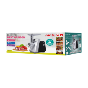 М’ясорубка Ardesto, 2100Вт, 2кг/хв, 3 решітки, насадка для ковбас, кеббе, томатів, 3 терки, бургер-прес, пластик, чорно-срібний