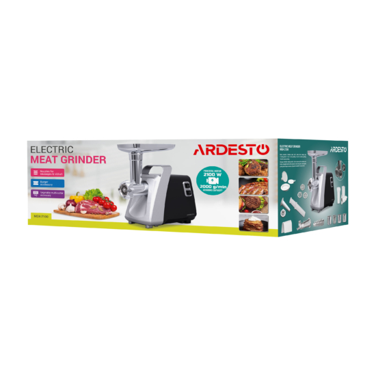 М’ясорубка Ardesto, 2100Вт, 2кг/хв, 3 решітки, насадка для ковбас, кеббе, томатів, 3 терки, бургер-прес, пластик, чорно-срібний