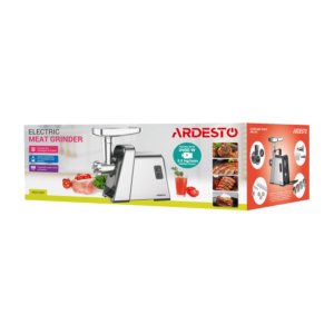 М’ясорубка Ardesto, 2400Вт, 2.2кг/хв, 3 решітки, насадка для ковбас, кеббе, томатів, 4 терки, пластик, чорно-срібний