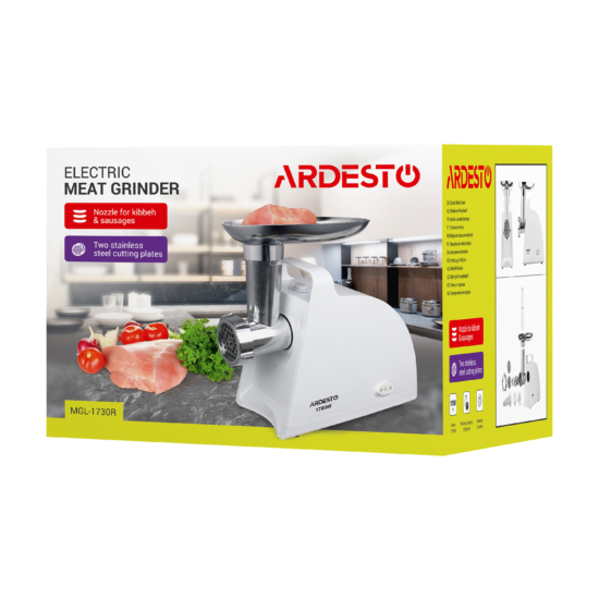 Ardesto meat grinder, 1700W, 1.6kg/min, 2 cutting plates, sausages nozzle, plastik, white