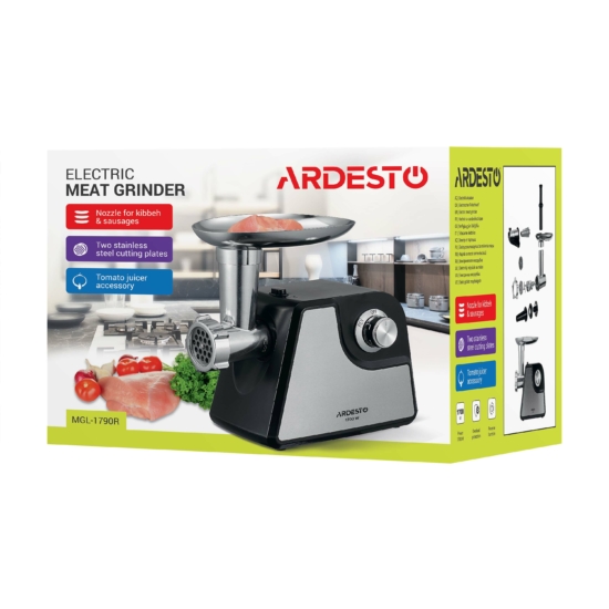 Ardesto meat grinder, 1700W, 1.6kg/min, 2 cutting plates, sausages nozzle, tomato juicer, plastik/metal, black-silver