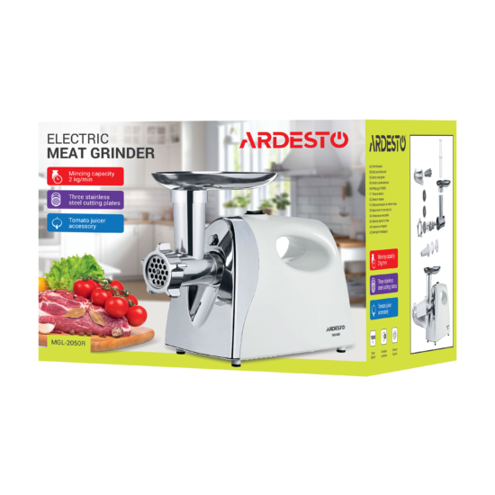 Ardesto meat grinder, 1800W, 2kg/min, 3 cutting plates, sausages nozzle, tomato juicer, plastik, white-silver