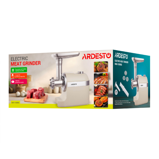 Ardesto meat grinder, 1800W, 2kg/min, 3 cutting plates, sausages nozzle, plastik, beigе-silver