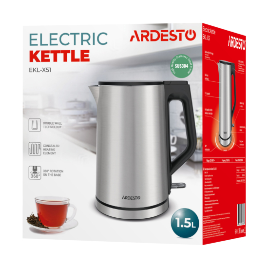 Электрочайник Ardesto Steel Collection 1.5л, Strix, двойные стенки, серебристый