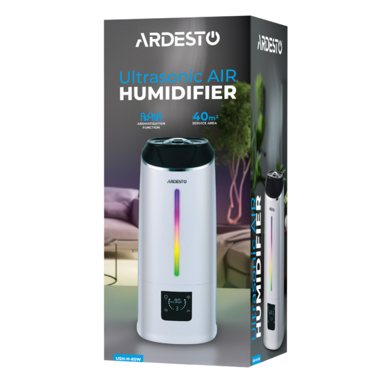 Air humidifier ARDESTO ultrasonic, 40m2, 6.5l, 390ml/h, electric. control, remote control, top. water bay, display, white