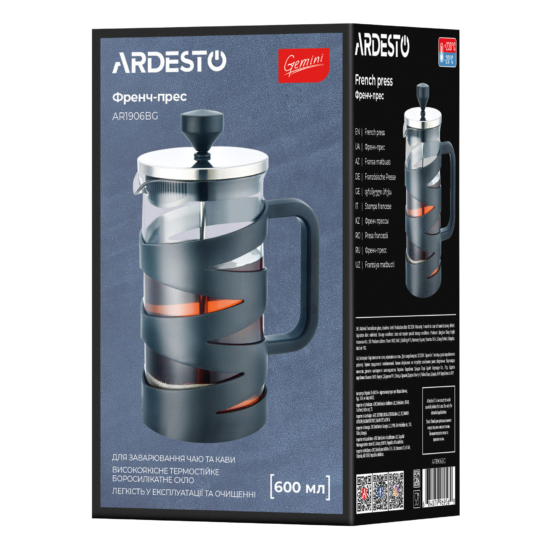 Ardesto French press Gemini, 600ml, borosilicate glass, plastic, stainless steel, transparent, black