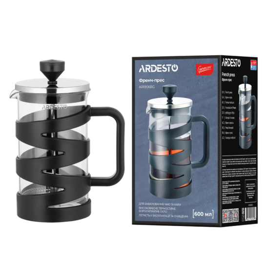 Ardesto French press Gemini, 600ml, borosilicate glass, plastic, stainless steel, transparent, black