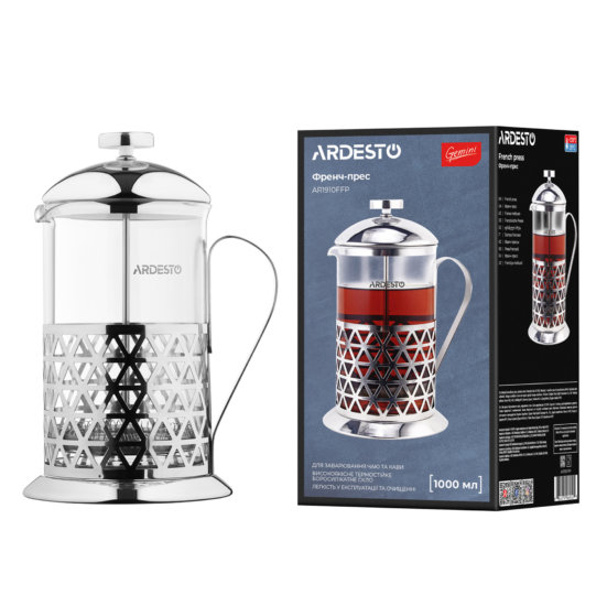 Ardesto French press Gemini Fasano, 1000ml, borosilicate glass, stainless steel, transparent