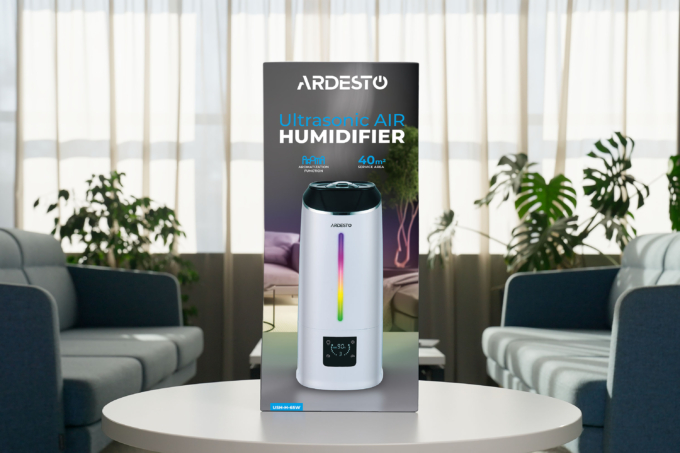 Air humidifier ARDESTO ultrasonic, 40m2, 6.5l, 390ml/h, electric. control, remote control, top. water bay, display, white