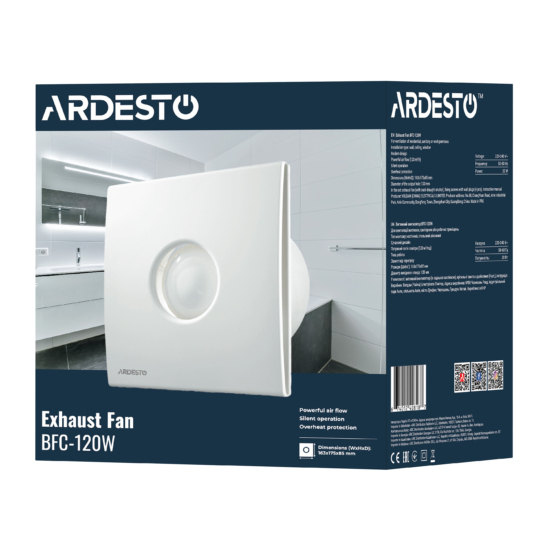 Вытяжной вентилятор Ardesto 20 Вт, 120 м3/ч, 2300 об/мин, 33 дБ, белый