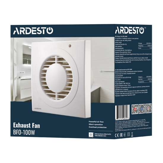 Bathroom Exhaust Fan Ardesto 15 W, 80 m3/h, 2400 rpm, 33 dB, white