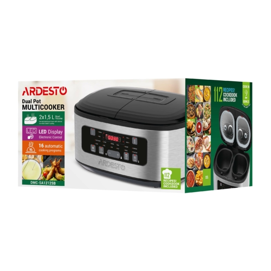 Ardesto multicooker, 900W, bowl-2х1.5l, electronic control, 2 bowls, plastic, silver-black