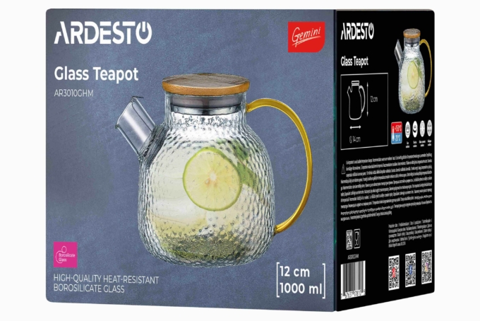 Ardesto Teapot Gemini Dew 1000ml, borosilicate glass, bamboo, transparent