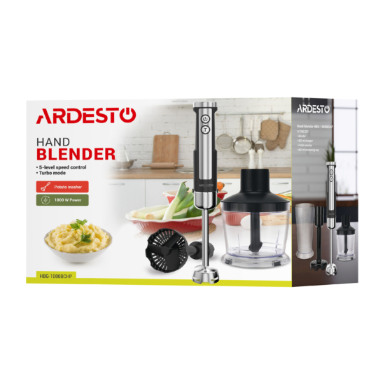 Ardesto submersible blender 1000W, 3in1, bowl-600ml, chopper-500ml, black-silver