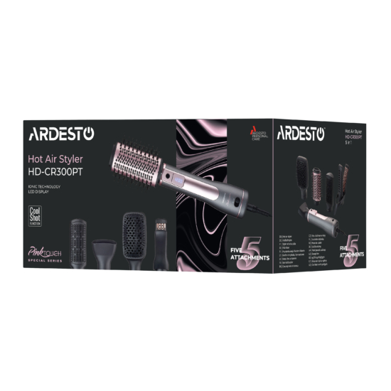 Фен-щітка Ardesto  Brush Pink Touch, 1200Вт, 2 швидкості, 2 темп. режими, LED-дисплей, функція іонізації , 4 насадки, сірий+ рожевий