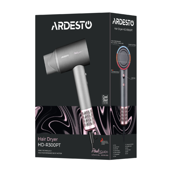 Фен Ardesto Pink Touch, 1600Вт, 2 скорости, 3 темп.режима, ионизация, диффузор, магнитные насадки, серый+розовый