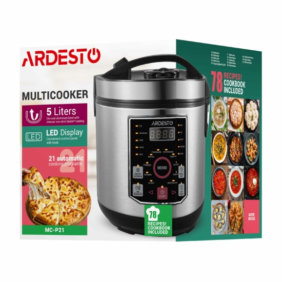 Мультиварка Ardesto, 860Вт, чаша-5л, электронное управл., книга рецептов, металл/пластик, серый