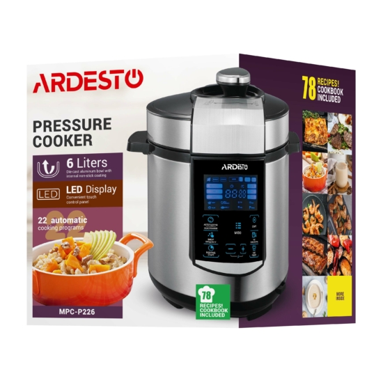 Ardesto pressure cooker, 900W, bowl-6l, electronic control, recipes book, iron/plastic, silver