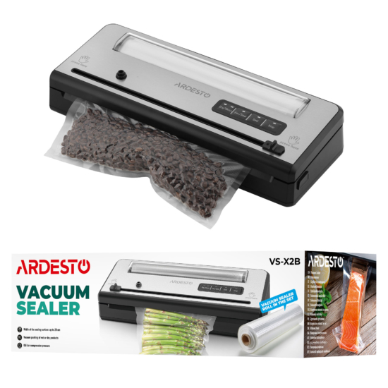 Вакууматор Ardesto для пакетов та рулонов, 110Вт, 28см, электронное, + 1 рулон, пластик+нерж., серебристый