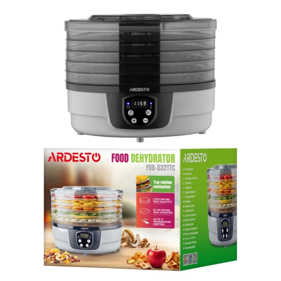 Dryer for products Ardesto FDB-532TTC, 250W, pallets -5x3cm, diameter-32cm, max-70°С, timer, electronic control, plastic, white
