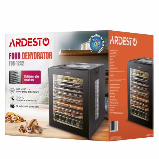 Dryer for products Ardesto FDB-1242, 850W, pallets -12x3cm, max-70°С, timer, electronic control, stainless steel, black
