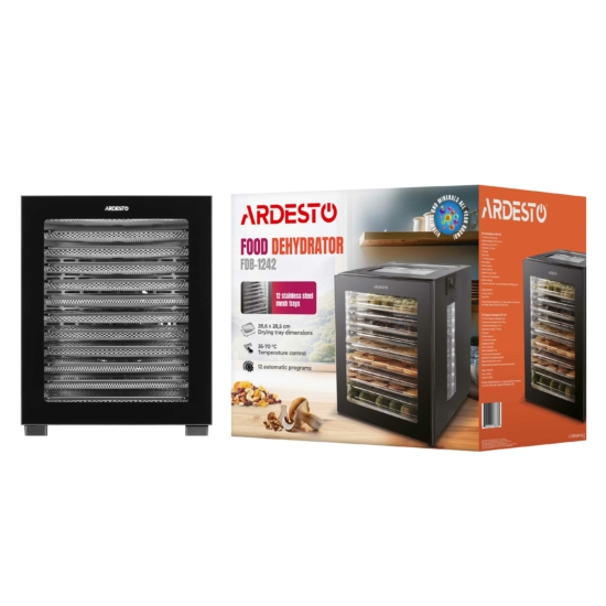 Dryer for products Ardesto FDB-1242, 850W, pallets -12x3cm, max-70°С, timer, electronic control, stainless steel, black