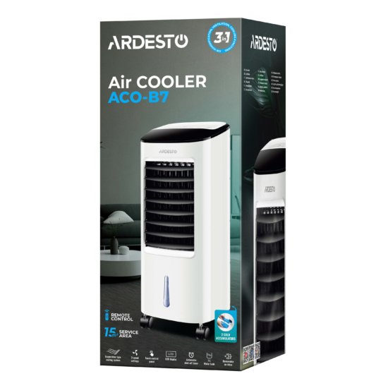 Air cooler ARDESTO ACO-B7 3in1 cooler-humidifier-fan, 15 m2, electric control, 7 l tank, 430 m3/h, display, timer, auto shutdown, remote control, white/black