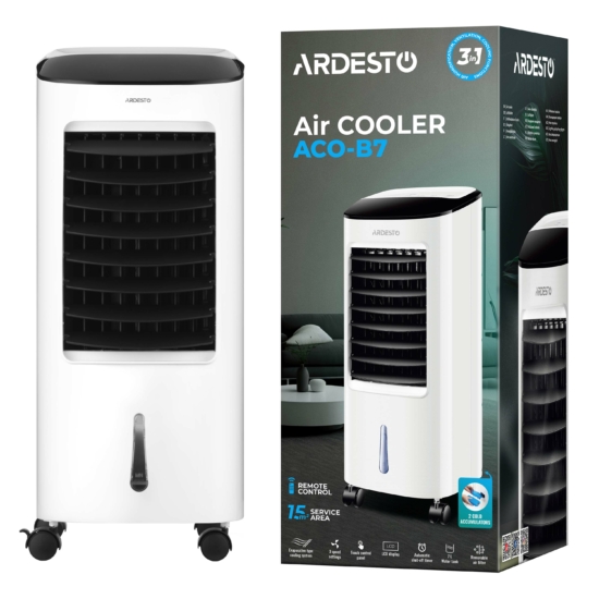 Air cooler ARDESTO ACO-B7 3in1 cooler-humidifier-fan, 15 m2, electric control, 7 l tank, 430 m3/h, display, timer, auto shutdown, remote control, white/black