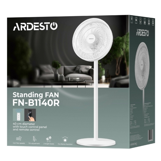 Вентилятор ARDESTO FN-B1140R підлоговий, 40см, 55Вт, ел. кер-ня, дисплей, таймер, пульт ДК, опора кругла, білий