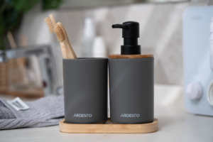 Набор для ванной камины Ardesto Minimalism 360мл, 3 предмета, полипропилен, бамбук, серый темный