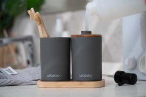 Набор для ванной камины Ardesto Minimalism 360мл, 3 предмета, полипропилен, бамбук, серый темный