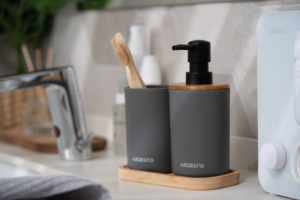 Набор для ванной камины Ardesto Minimalism 360мл, 3 предмета, полипропилен, бамбук, серый темный