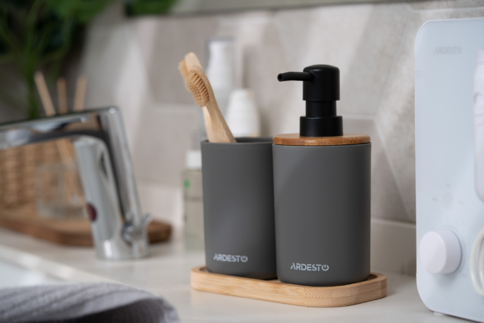 Набор для ванной камины Ardesto Minimalism 360мл, 3 предмета, полипропилен, бамбук, серый темный