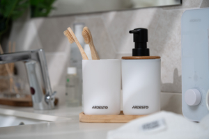 Набір для ванної кімнати Ardesto Minimalism 360мл, 3 предмети, поліпропілен, бамбук, білий