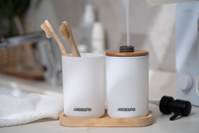 Набір для ванної кімнати Ardesto Minimalism 360мл, 3 предмети, поліпропілен, бамбук, білий