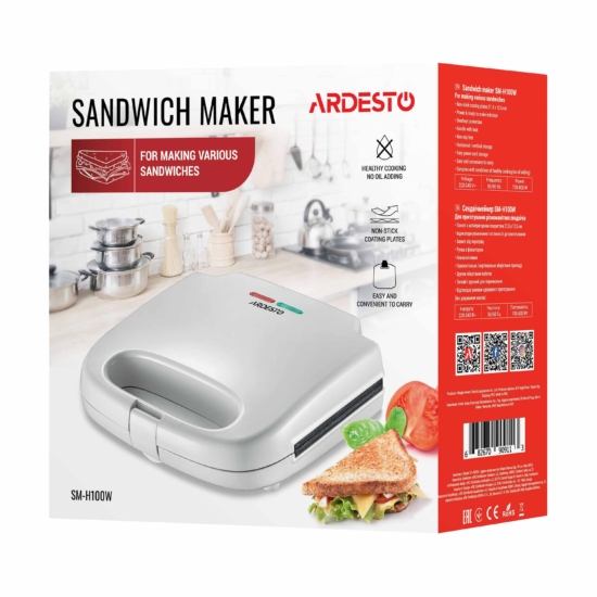 Сендвичмейкер Ardesto 700Вт, 1 пластина-сендвич, корпус-пластик, белый
