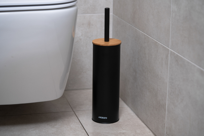 Ardesto Toilet brush set with stand Minimalism 9.5×27.5/38cm, metal, polypropylene, bamboo, black