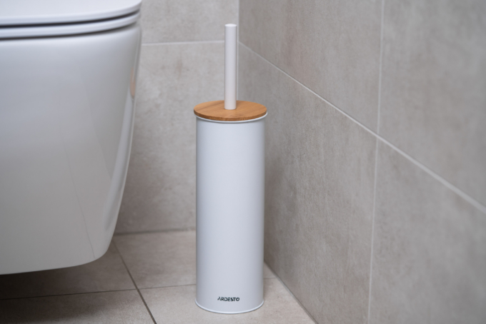 Ardesto Toilet brush set with stand Minimalism 9.5×27.5/38cm, metal, polypropylene, bamboo, white