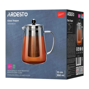 Ardesto Teapot Gemini Milano 950ml, borosilicate glass, stainless steel, transparent