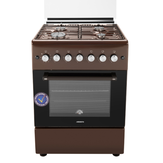 Плита Ardesto газовая, 58л, 60×60см, стеклянная крышка, электроподжиг, подсветка, таймер, термометр, откидной ящик, форсунки LPG (подключение газового баллона), коричневый
