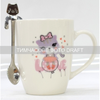 Ardesto Mug with spoon Love, 320ml, new bone china, stainless steel, white