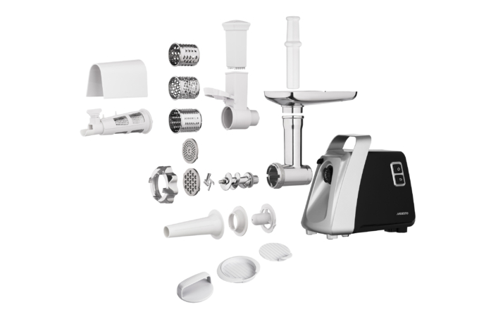 М’ясорубка ARDESTO, 2100Вт, 2кг/хв, 3 решітки, насадка для ковбас, кеббе, томатів, 3 терки, бургер-прес, пластик, чорно-срібний