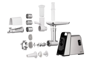 М’ясорубка Ardesto, 2400Вт, 2.2кг/хв, 3 решітки, насадка для ковбас, кеббе, томатів, 4 терки, пластик, чорно-срібний