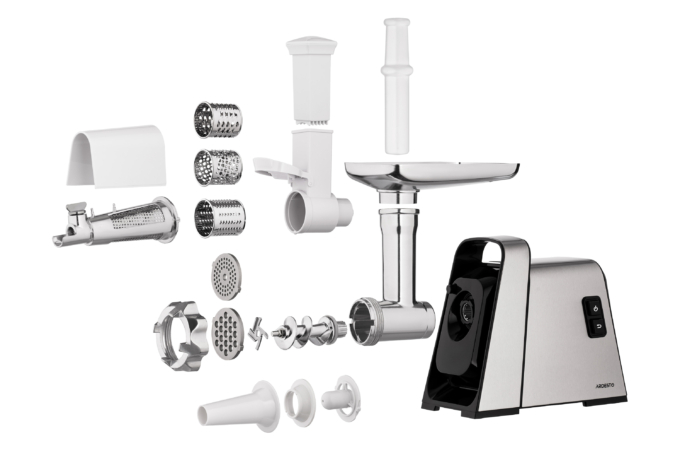М’ясорубка Ardesto, 2400Вт, 2.2кг/хв, 3 решітки, насадка для ковбас, кеббе, томатів, 4 терки, пластик, чорно-срібний